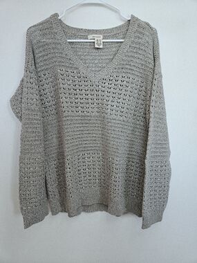 DKNY JEANS Beige Open Knit Crochet V-Neck Sweater Pointelle Boho Pullover XL🔥